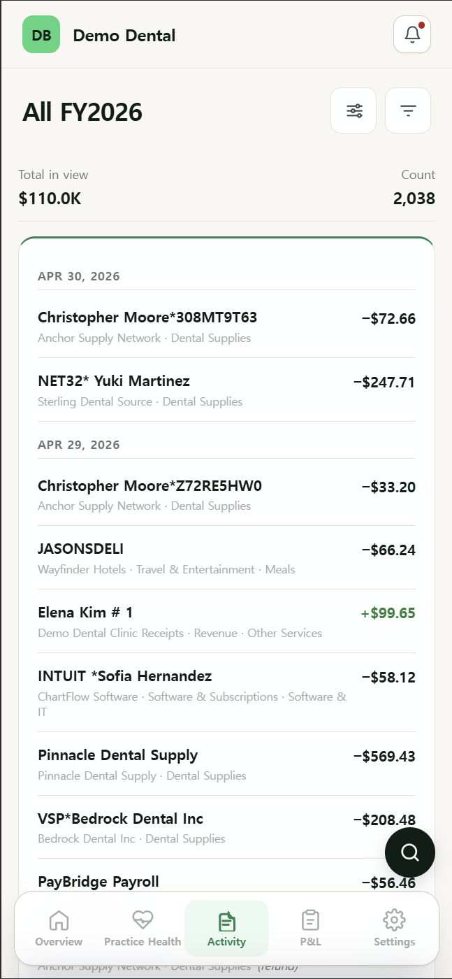 DentBooks Activity tab — transaction list with date, vendor, category, and amount per row
