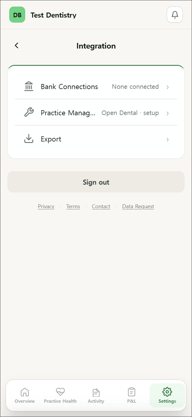 Settings → Integration sub-page with Bank Connections showing None connected
