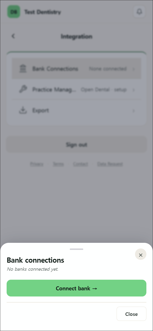 Bank Connections bottom sheet with Connect bank button