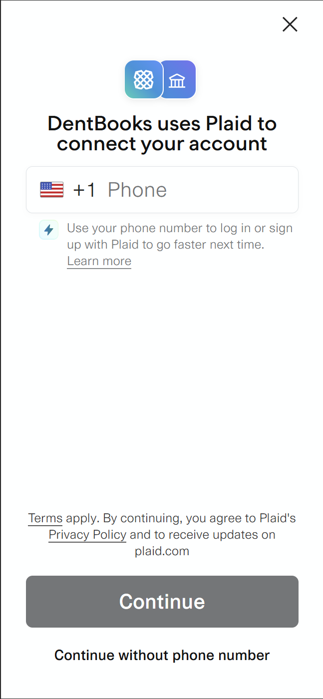 Plaid intro screen asking for an optional phone number