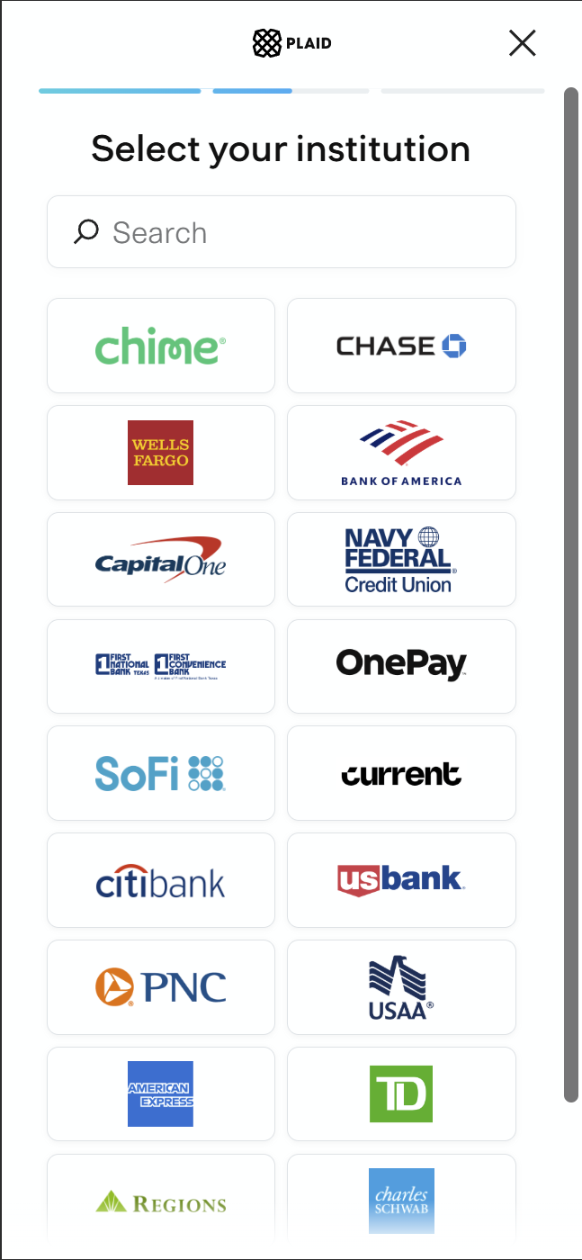 Plaid Select your institution screen with Chase, Wells Fargo, Bank of America, and others