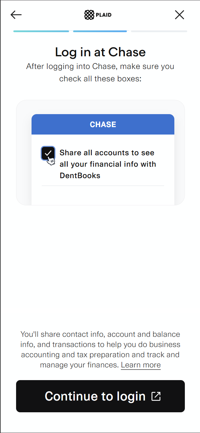 Plaid Chase pre-login screen showing the share-accounts checkbox