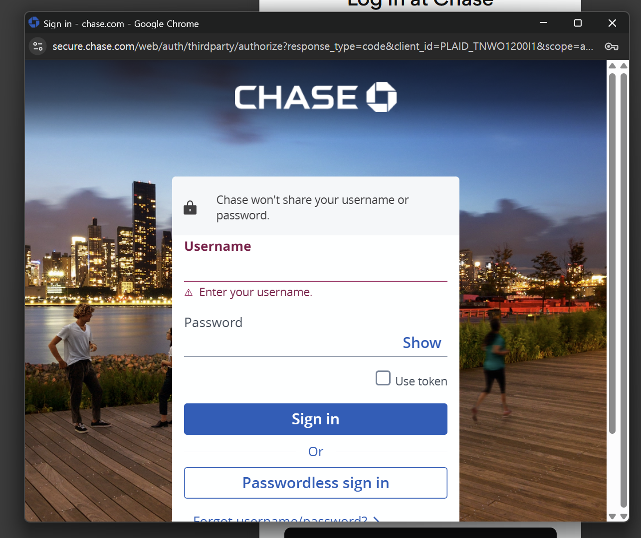 Chase secure login window with username and password fields