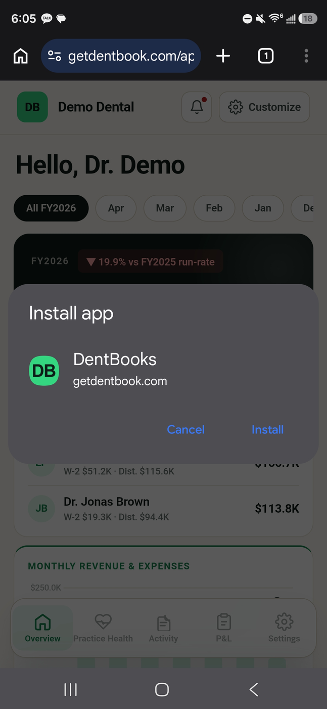 Install app confirmation dialog with DentBooks app name, getdentbook.com URL, Cancel and Install buttons