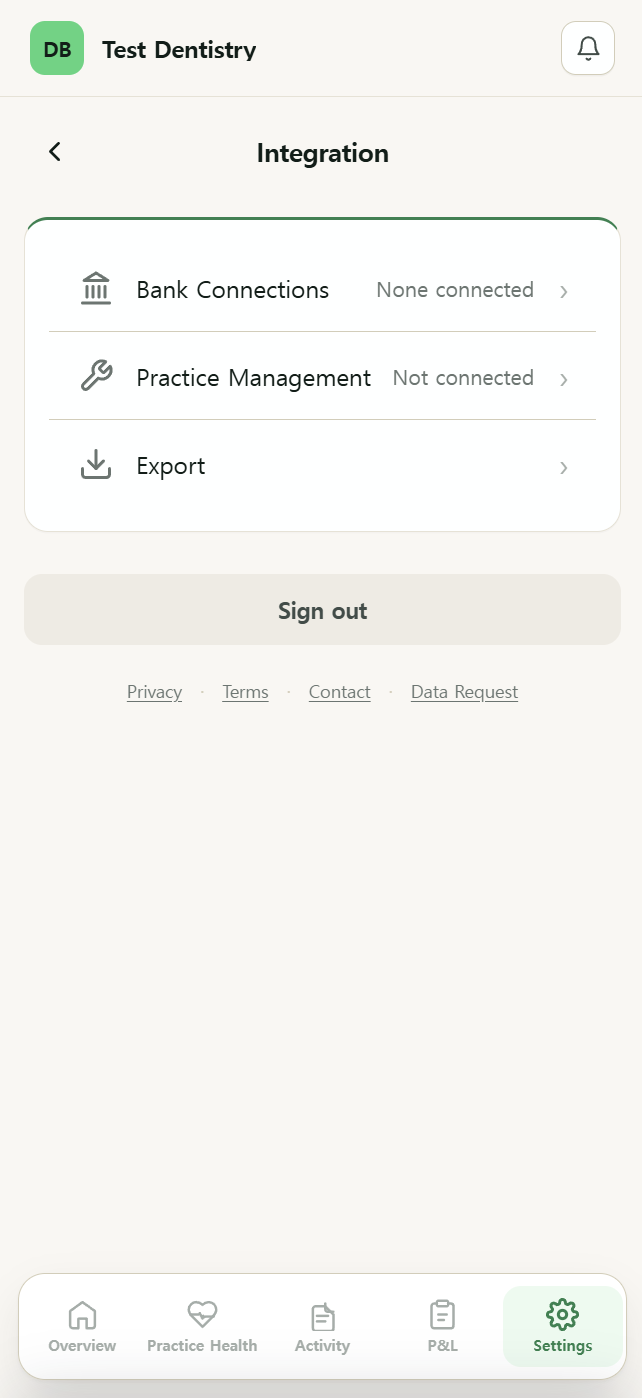 DentBooks Settings → Integration sub-page with Practice Management row