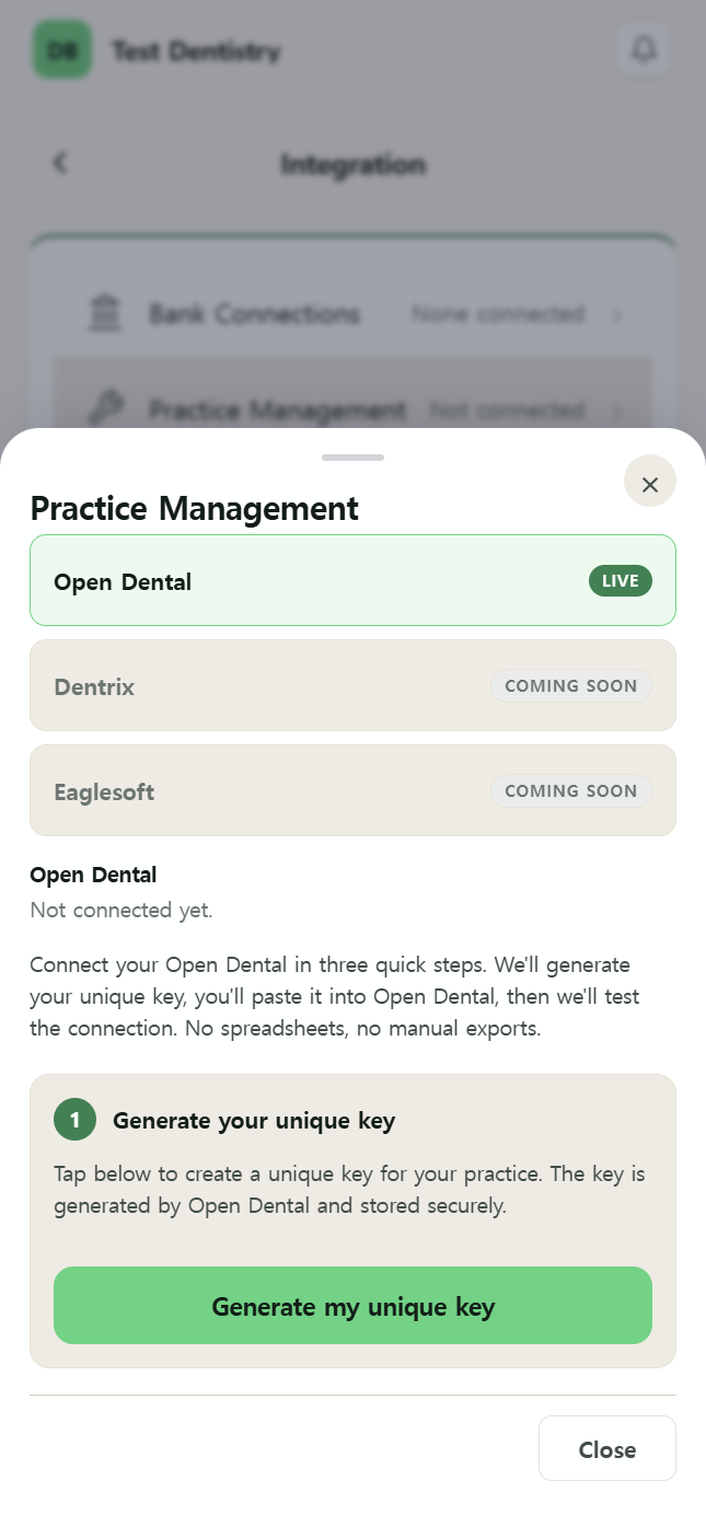 Practice Management bottom sheet with Open Dental selected