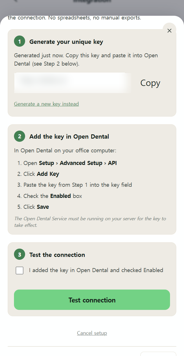 Generated API key (key text redacted) with Copy button