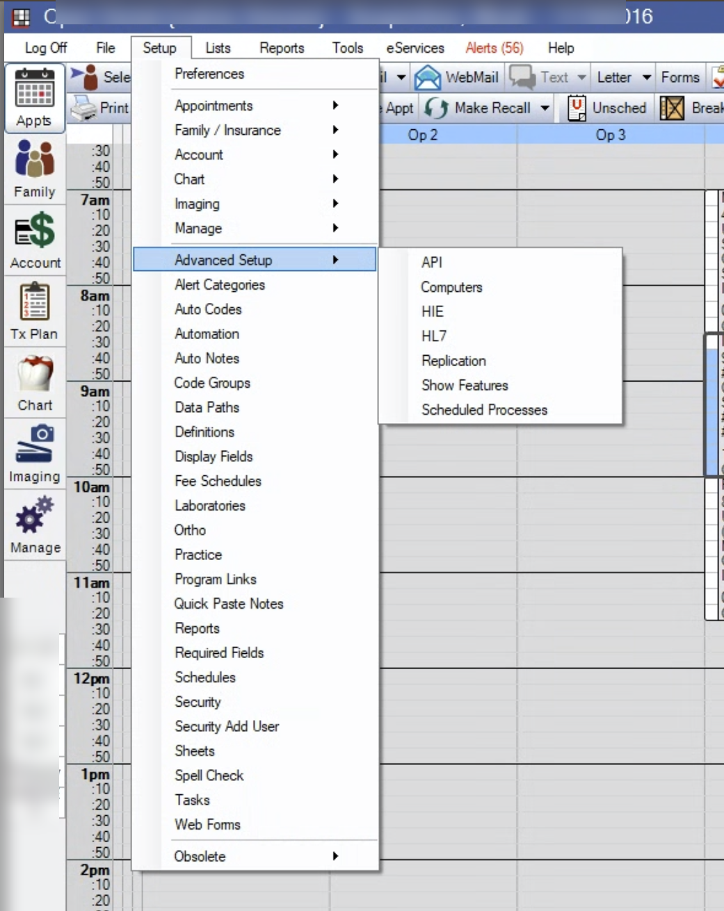 Open Dental desktop client — Setup menu → Advanced Setup → API