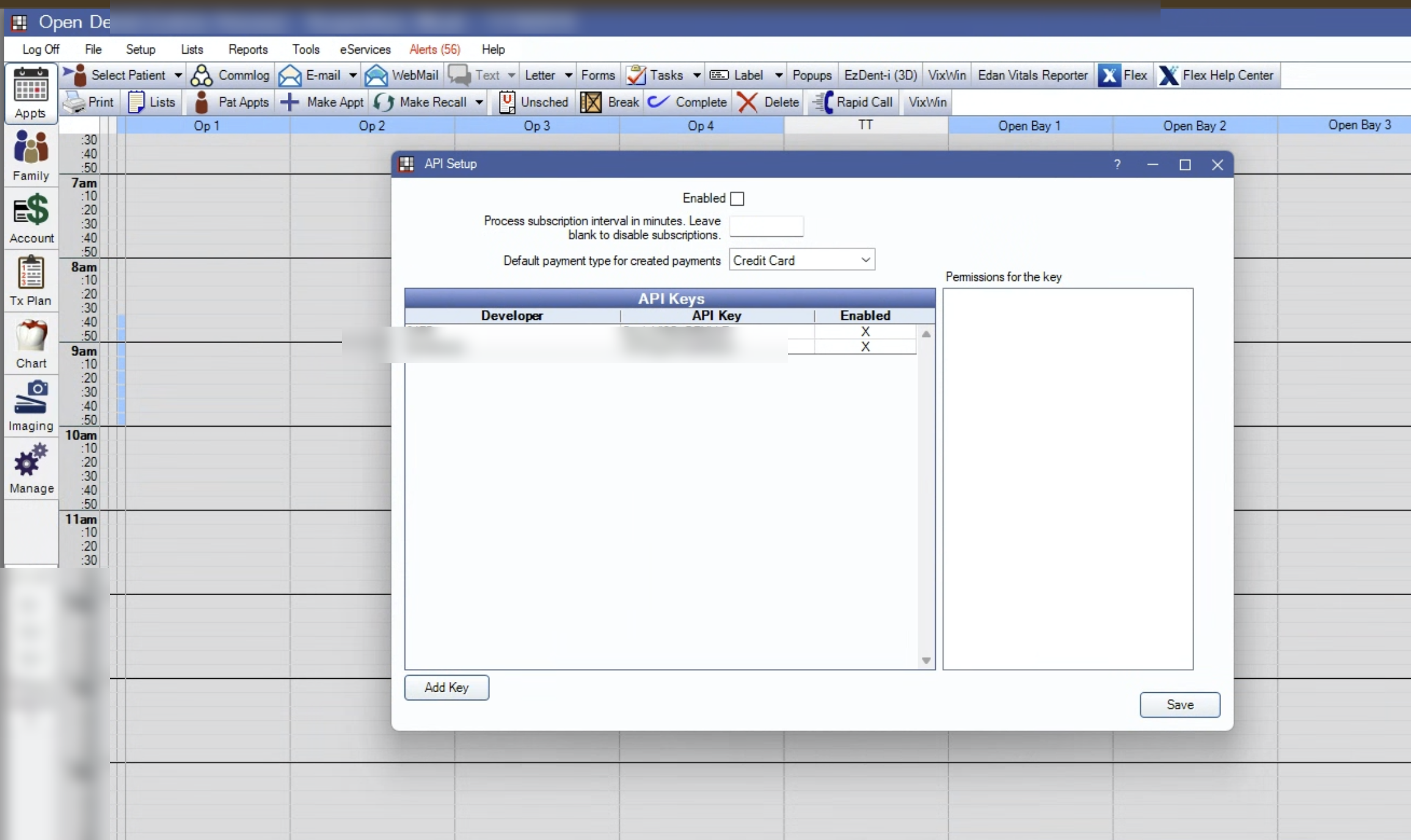 Open Dental API Setup dialog with empty API Keys table and Add Key button