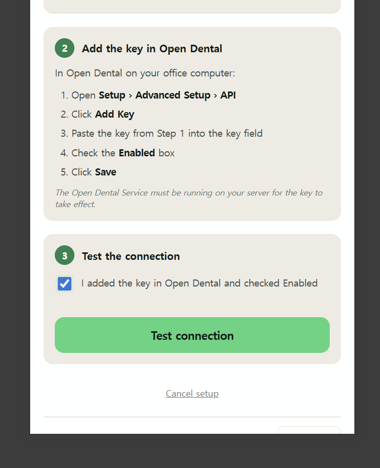 DentBooks Test connection step with checked confirmation