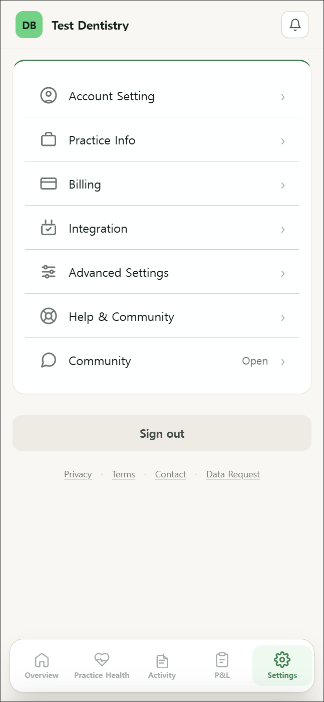 Settings tab top-level menu