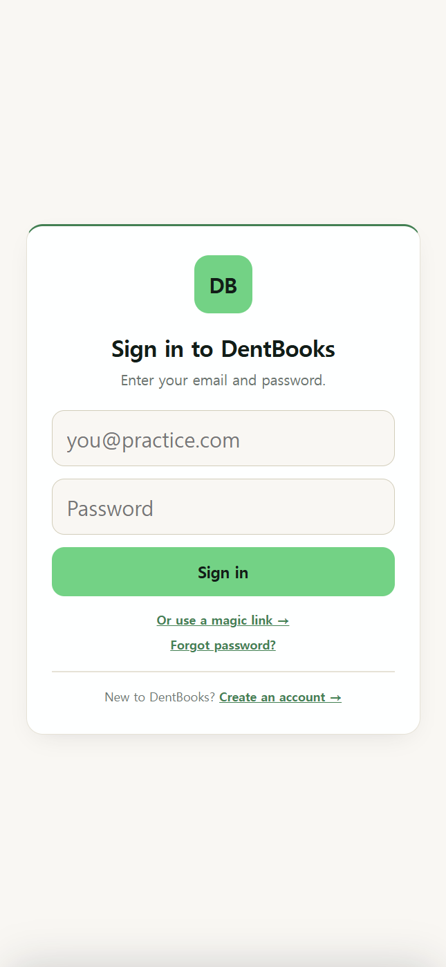 DentBooks sign-in screen on mobile