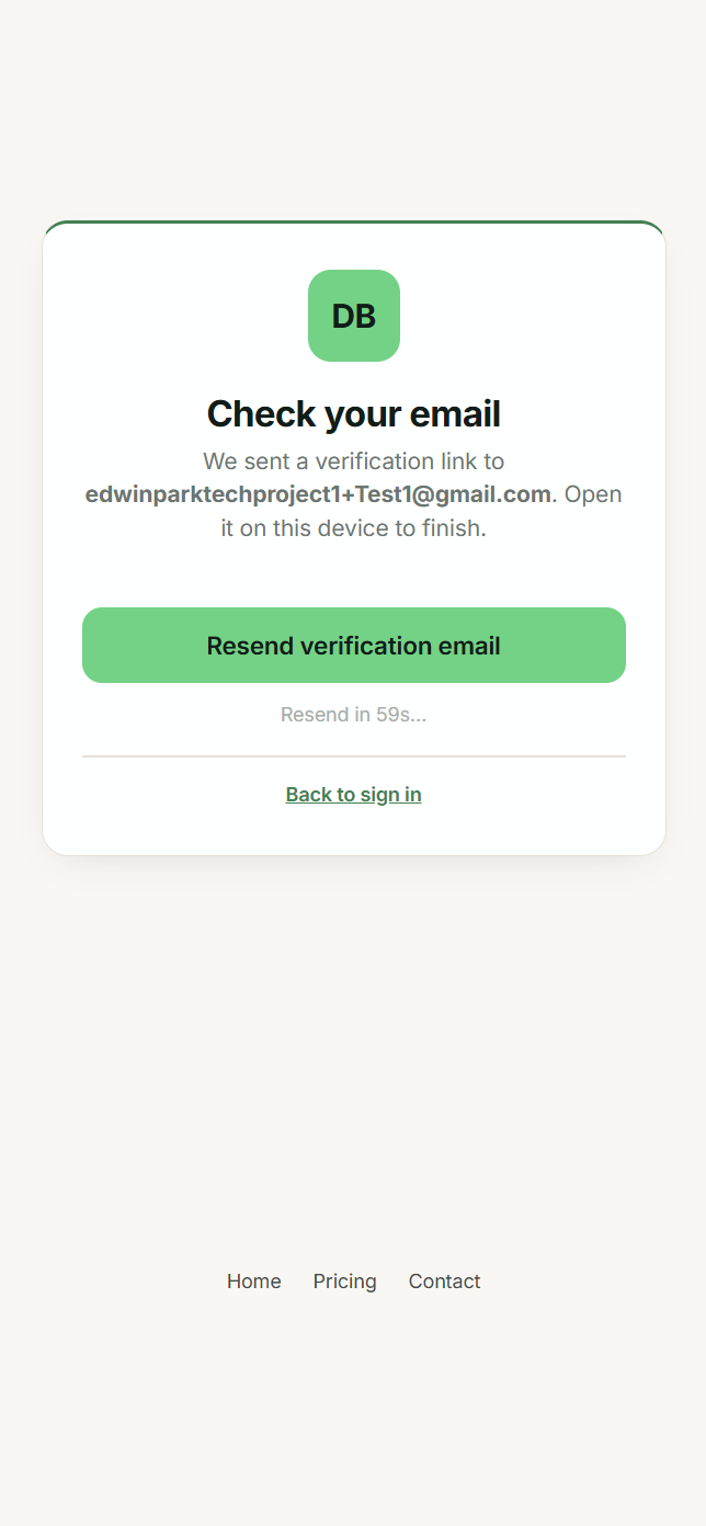 Verification email pending screen