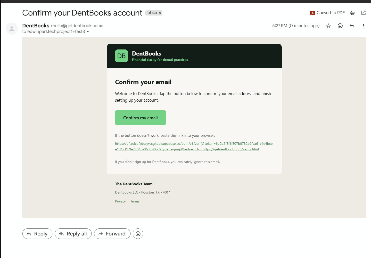 Branded DentBooks verification email — forest header with the DB logo, 'Confirm your email' body, and a green 'Confirm my email' button